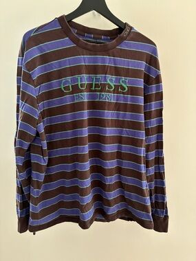 GUESS Brown & Blue Striped Long Sleeve Tee with Green Logo